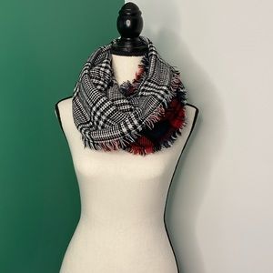 Black white and red plaid reversible infinity scarf